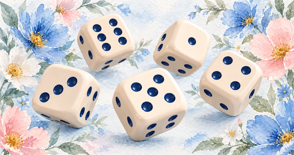 Five ivory dice surrounded by blue and pink watercolor flowers
