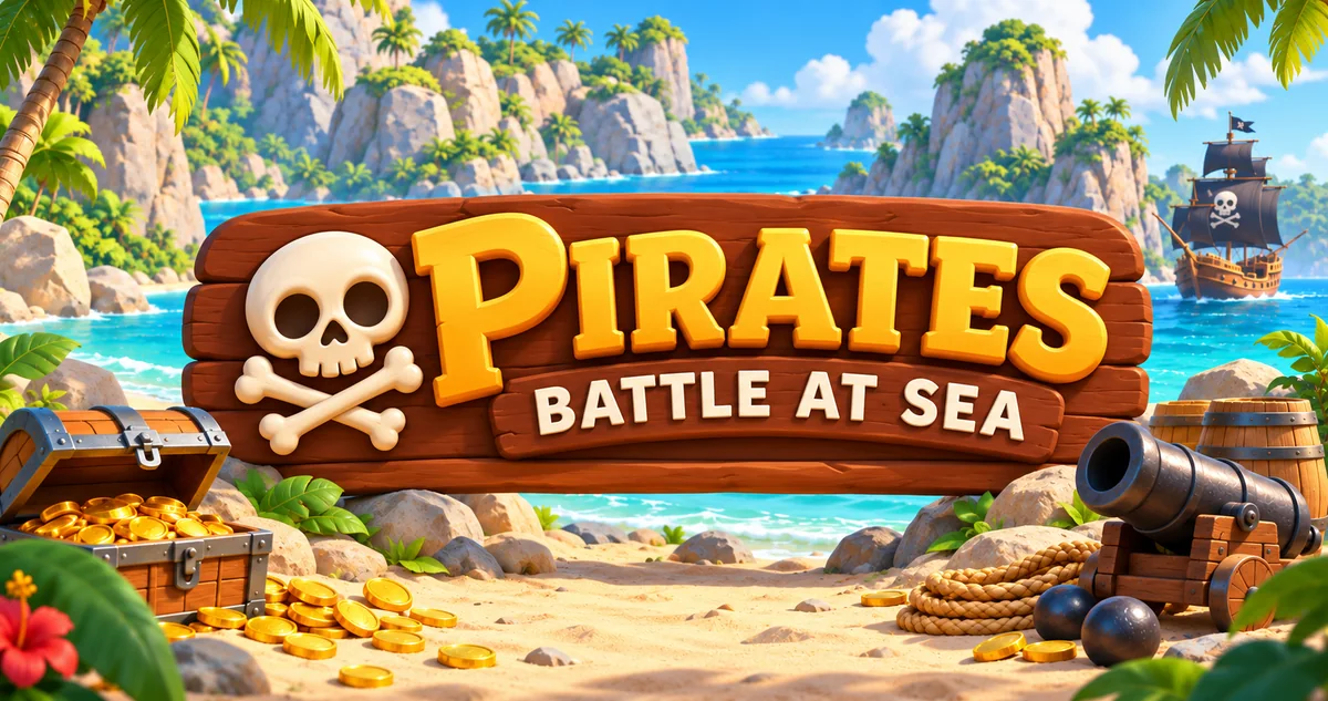 Pirates — Battle at Sea artwork with a pirate ship and tropical islands